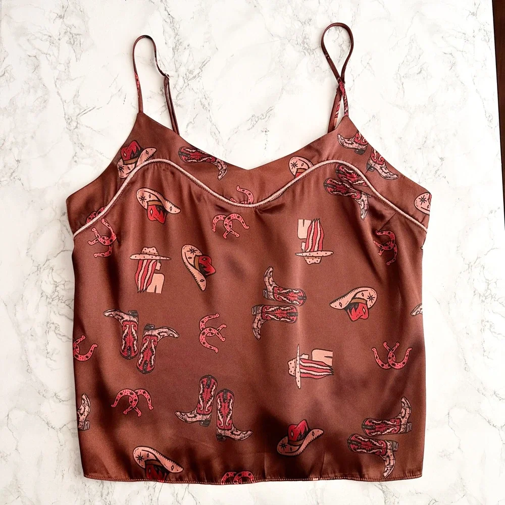 Midnight Bakery Spaghetti Strap Western Print Brown Satin Camisole Size Medium